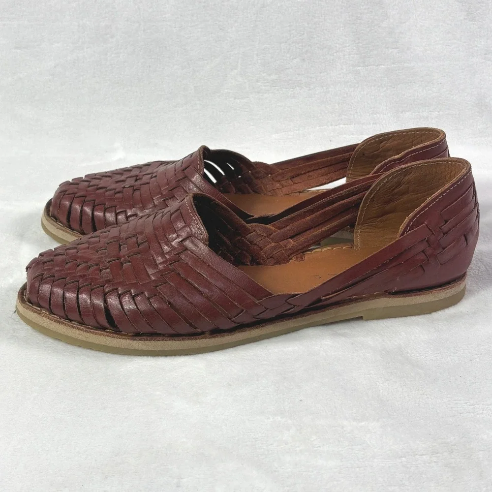 Bearpaw Huaraches Woven Leather Flat Sandals Cognac Brown Women Size 9